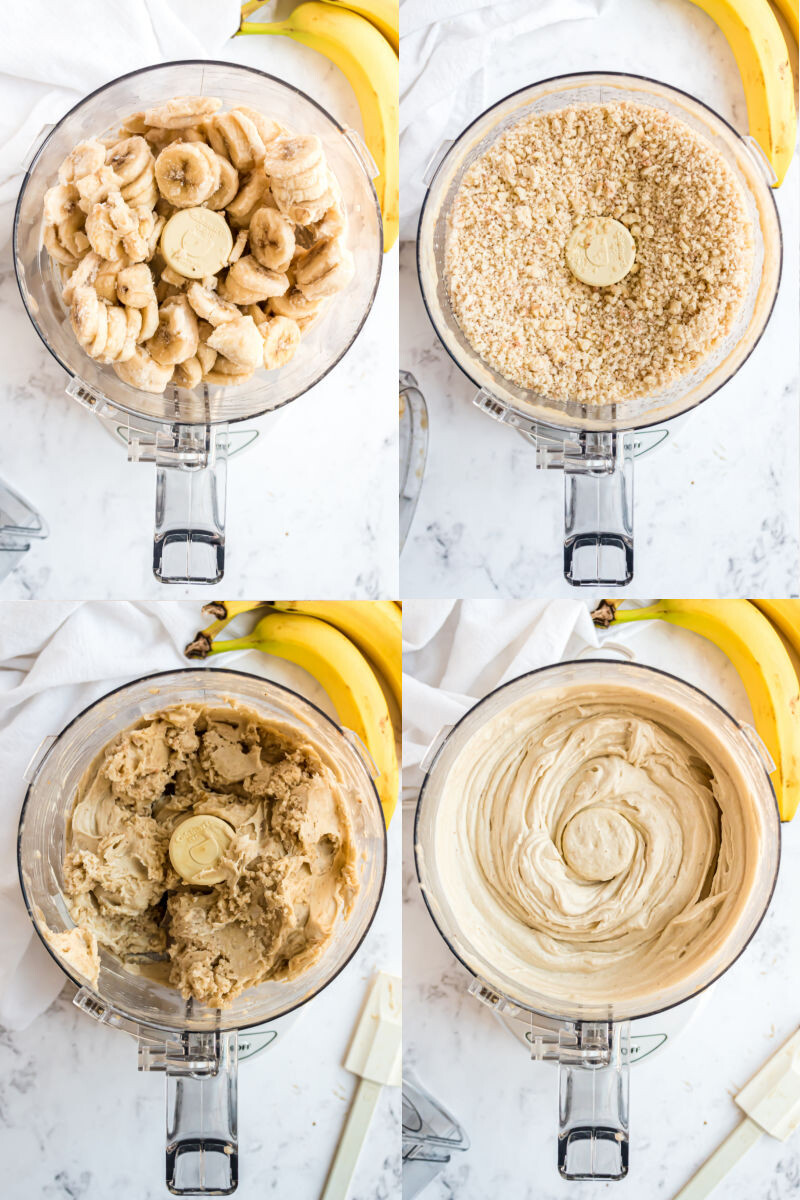 collage of food processor at different stages in making banana ice creram