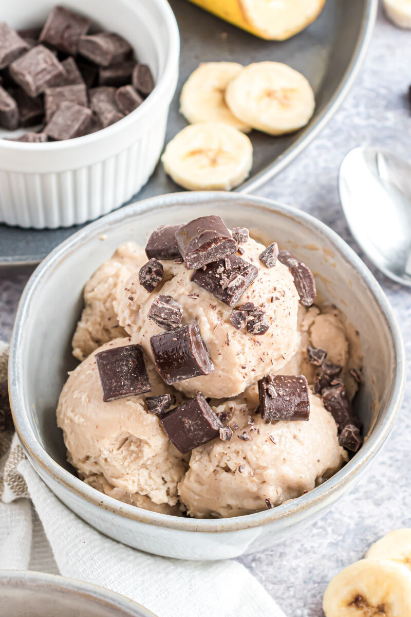 frozen banana ice cream topped with chocolate chunks