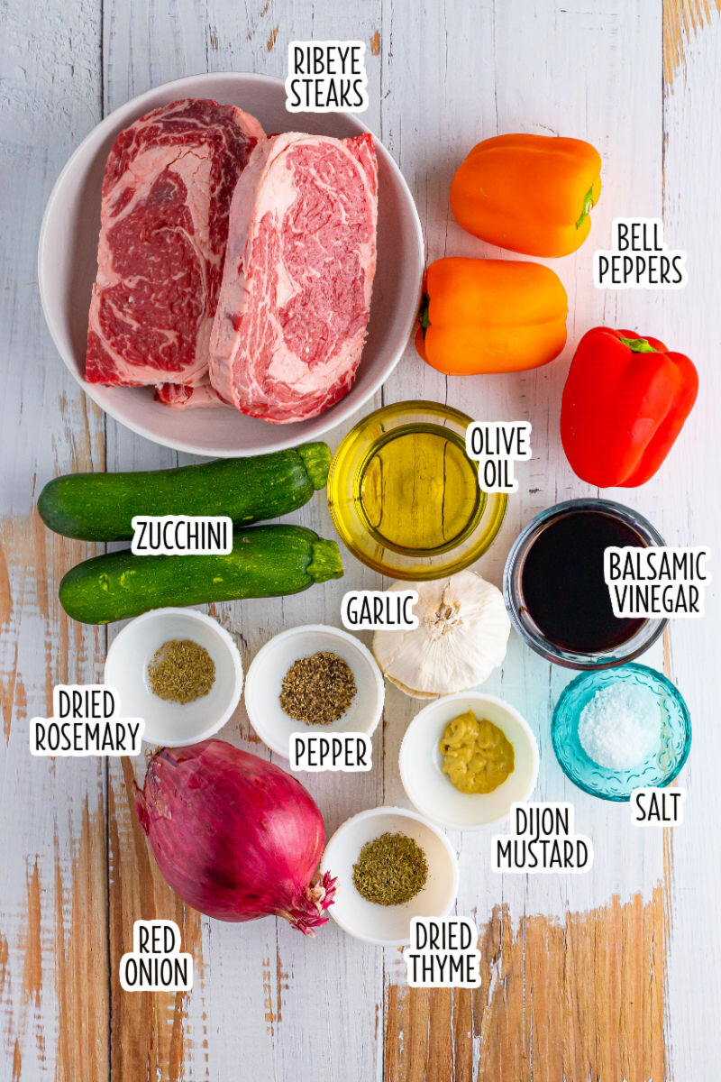 ingredients to make balsamic steak kabobs with text labels