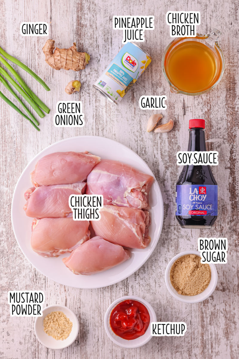 ingredients to make huli huli chicken with text labels