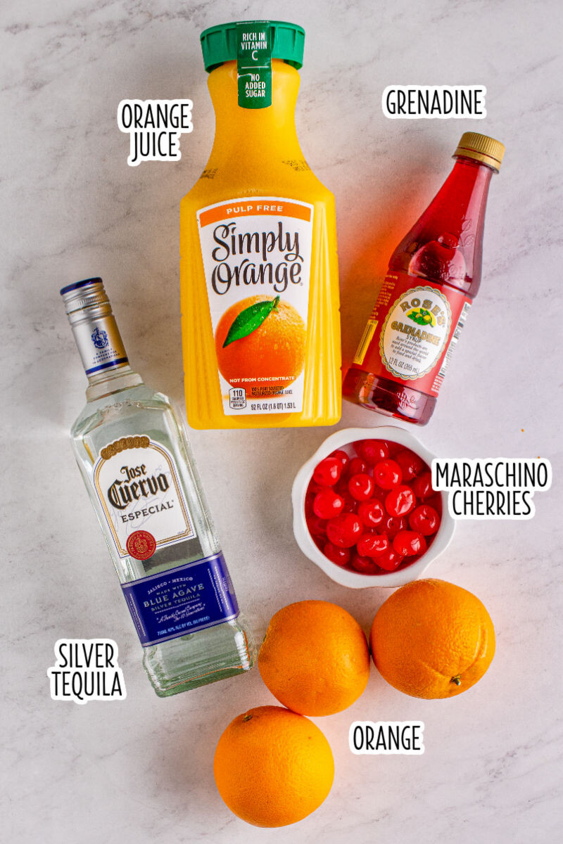 ingredients to make a tequila sunrise with text labels