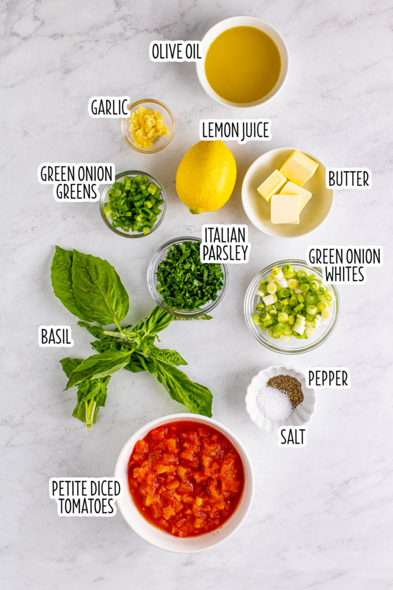 ingredients to make tomato basil pasta sauce with text labels