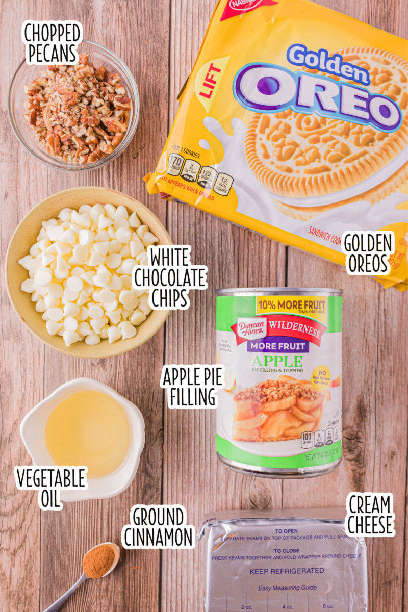ingredients to make apple pie oreo truffles with text labels