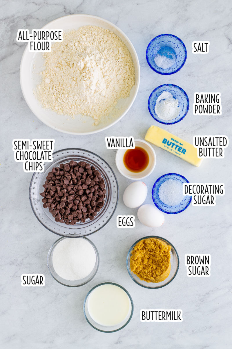 ingredients to make chocolate chip muffins with text labels