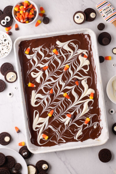 white chocolate swirled into dark chocolate and topped with candy corn