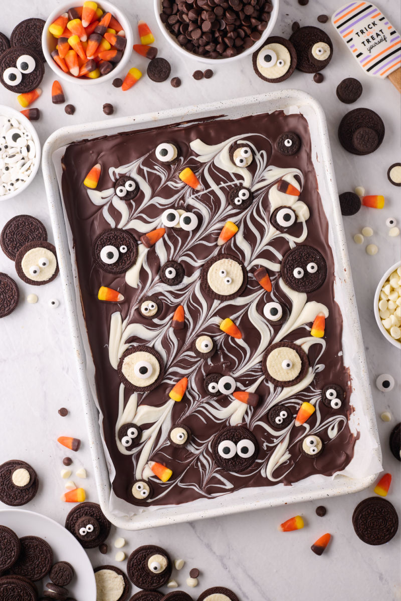 chilled Halloween chocolate bark on a baking sheet
