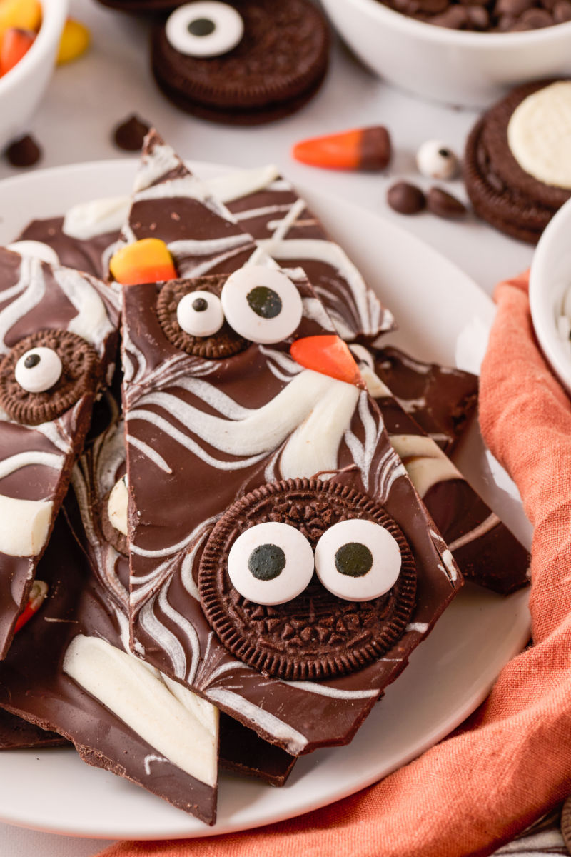 close up of a piece of Halloween chocolate bark on a plate