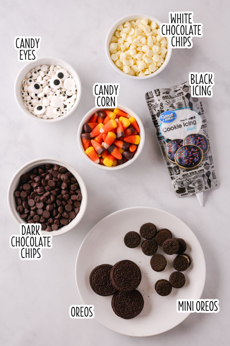 ingredients to make Halloween chocolate bark with text labels