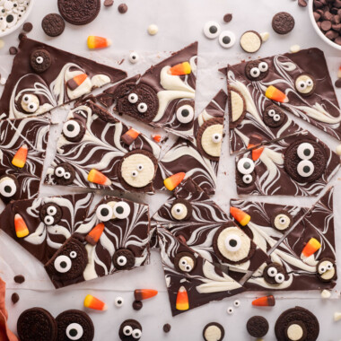 square image of Halloween chocolate bark broken into pieces
