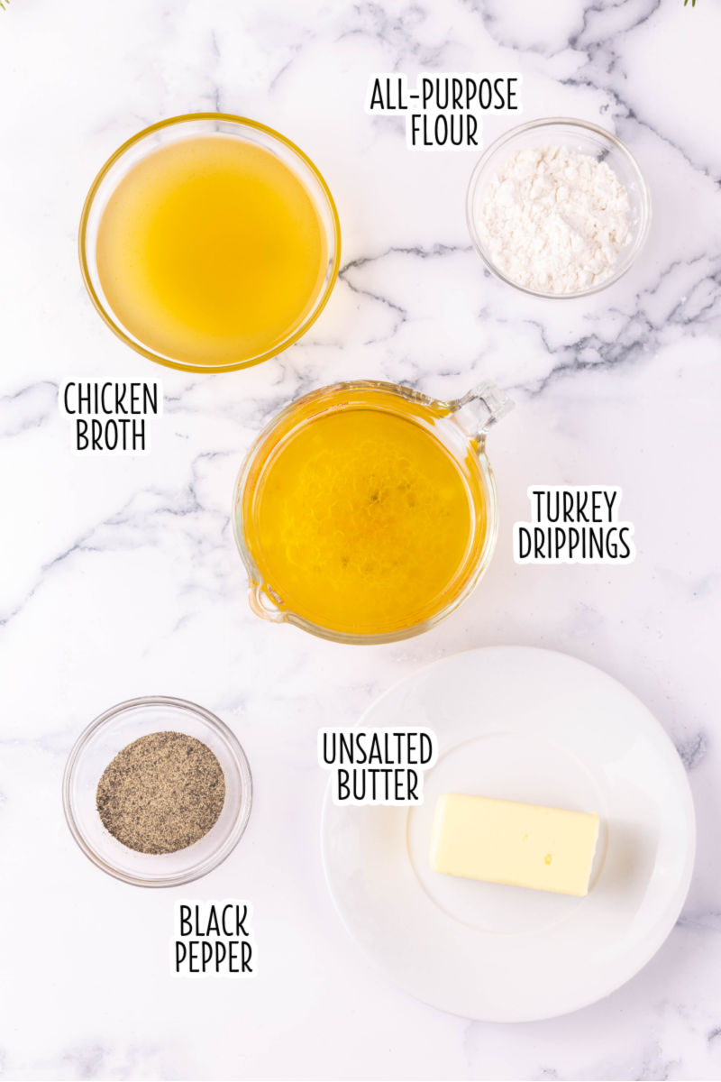 ingredients to make homemade turkey gravy with text labels