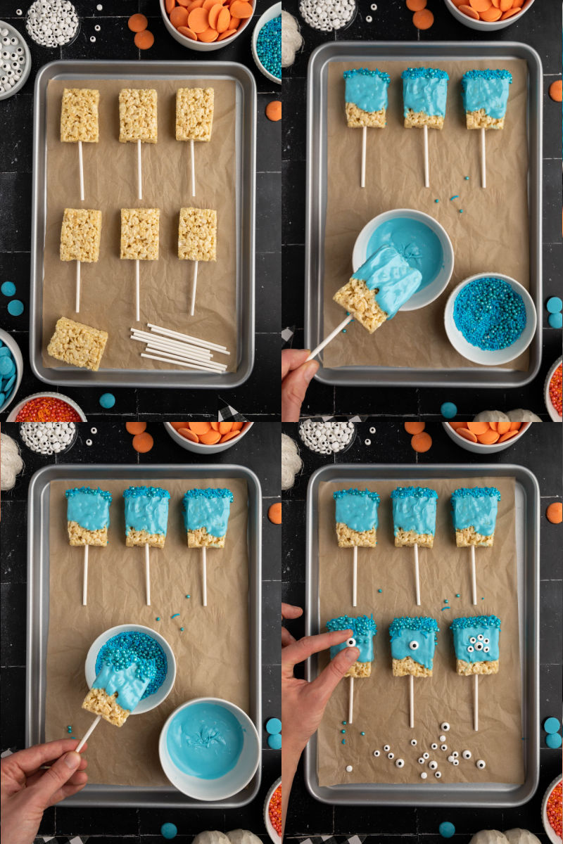 collage of rice krispie treats on a stick being dipped into melted candy melts, then sprinkles, and then candy eyes being put on