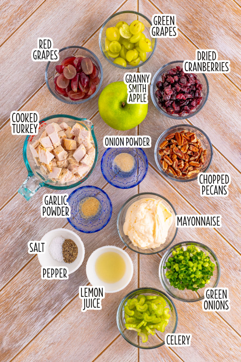turkey waldorf salad ingredients with text labels