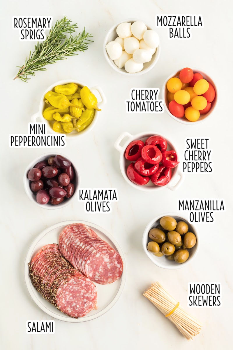 ingredients to make antipasto skewers with text labels