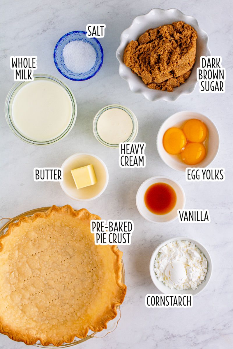 ingredients to make butterscotch pie from scratch with text labels
