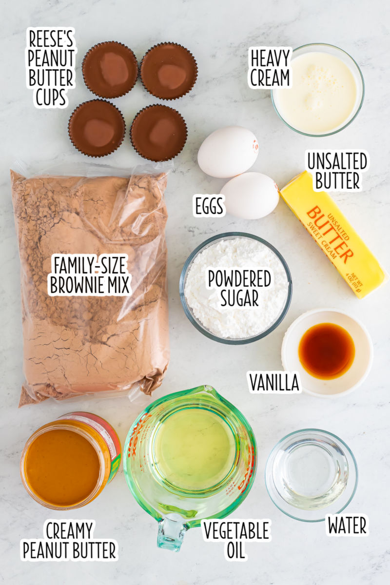 ingredients to make reese's stuffed peanut butter brownies with text labels