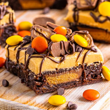 square image of a reese's stuffed peanut butter brownie with toppings