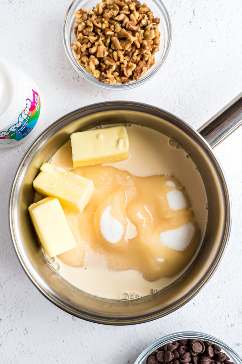 sugar, evaporated milk, and butter in a saucepan