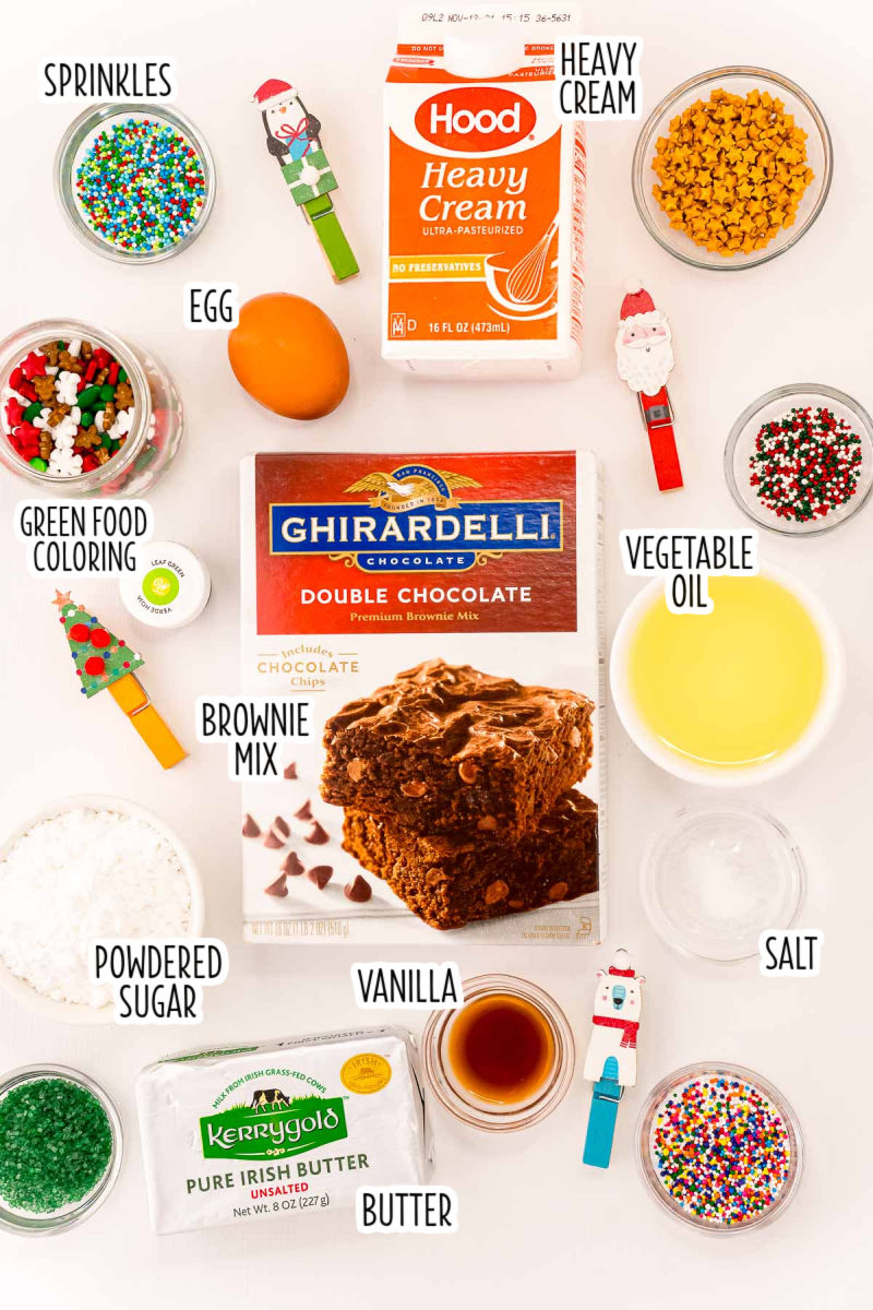 ingredients to make christmas tree brownie bites with text labels