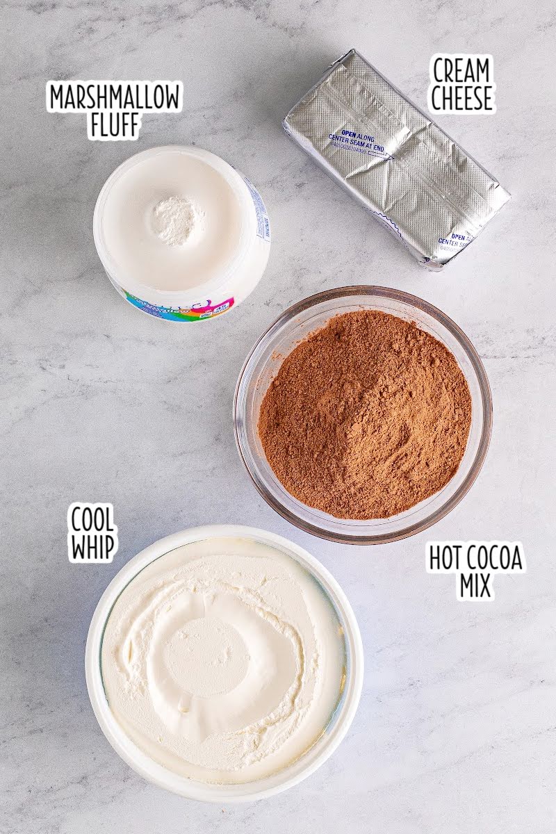 ingredients to make hot cocoa dip with text labels