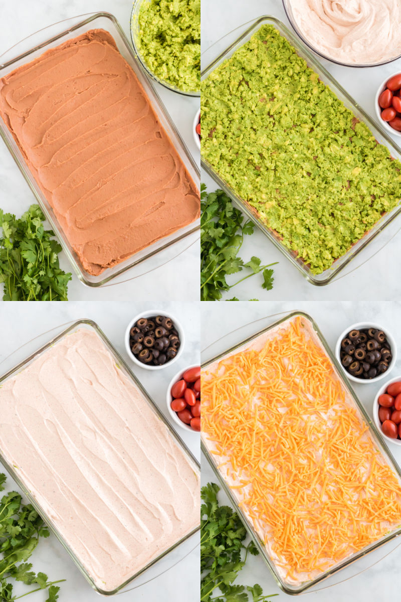 collage of layering dip - refried beans, then avocado smash, taco seasoned sour cream, and then shredded cheese