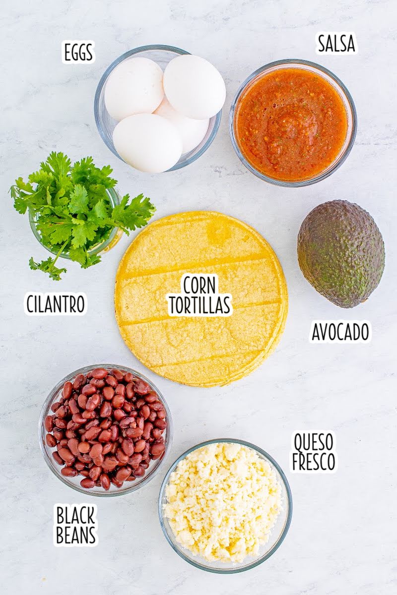 ingredients to make huevos rancheros with text labels