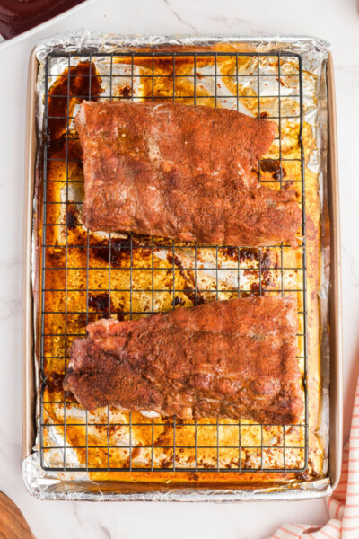 baked dry rub ribs just out of the oven