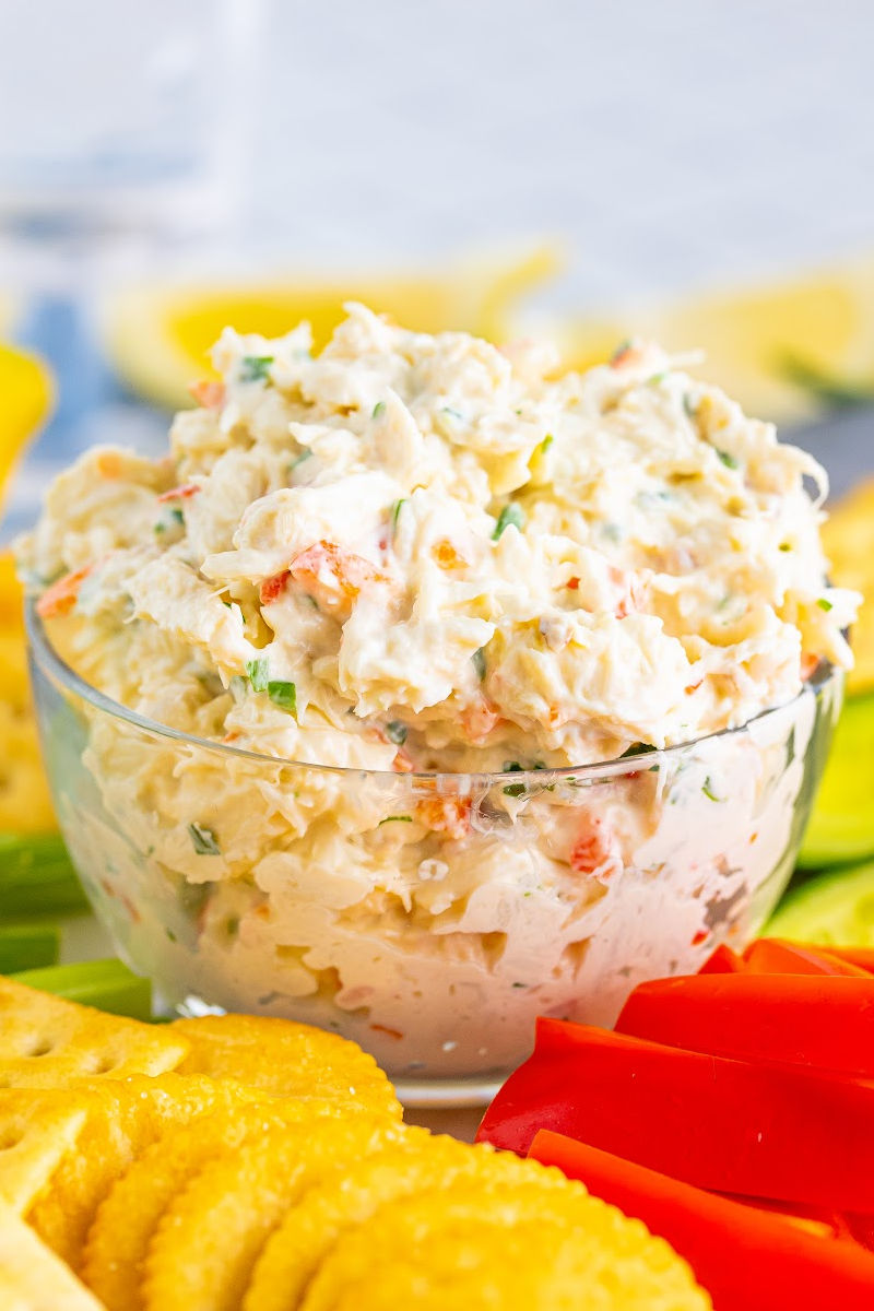 close up of cold crab dip in a glass bowl