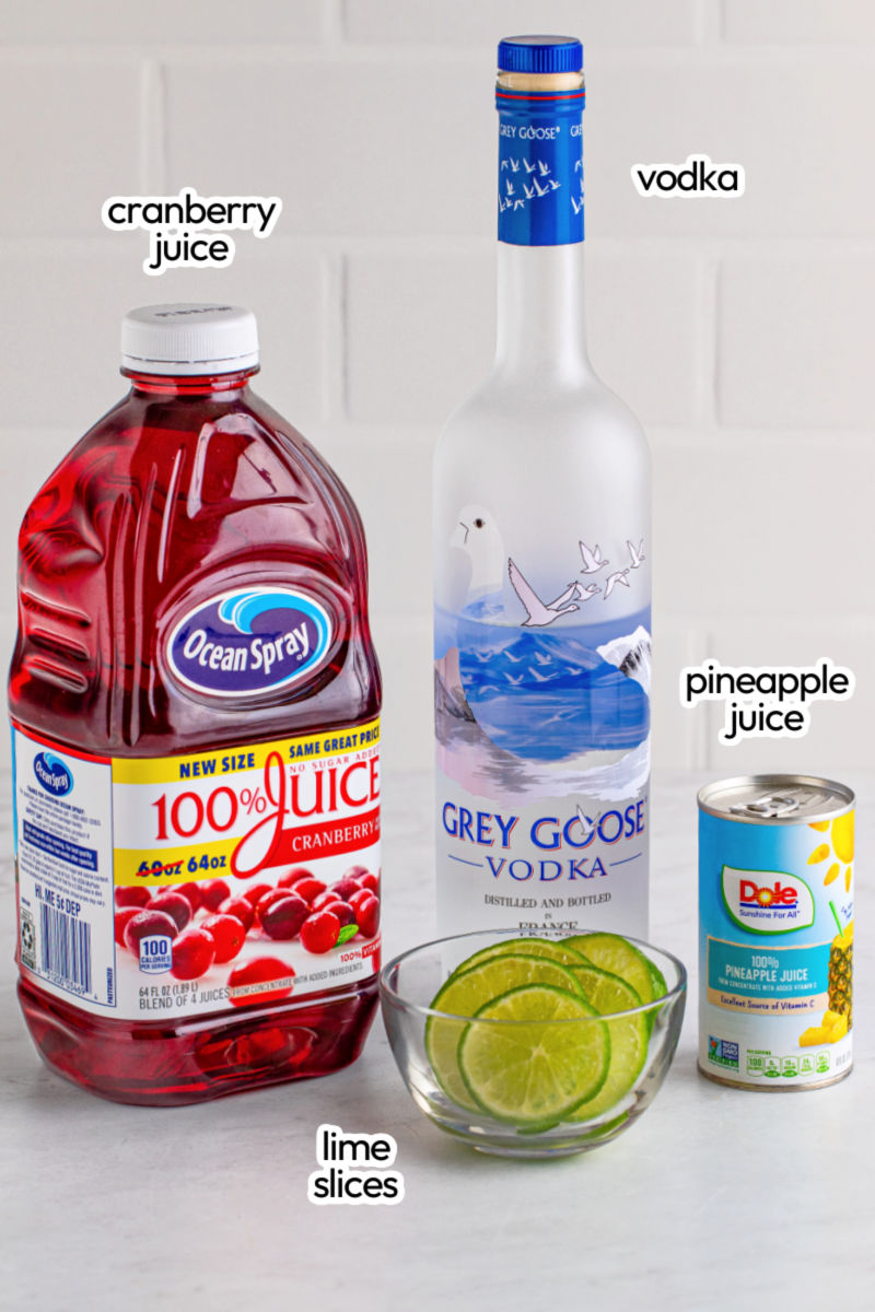 ingredients to make a bay breeze drink with text labels